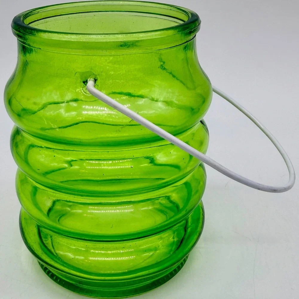 Green Ribbed Beehive Glass Lantern Votive Candle Holder with Wire Handle Vintage